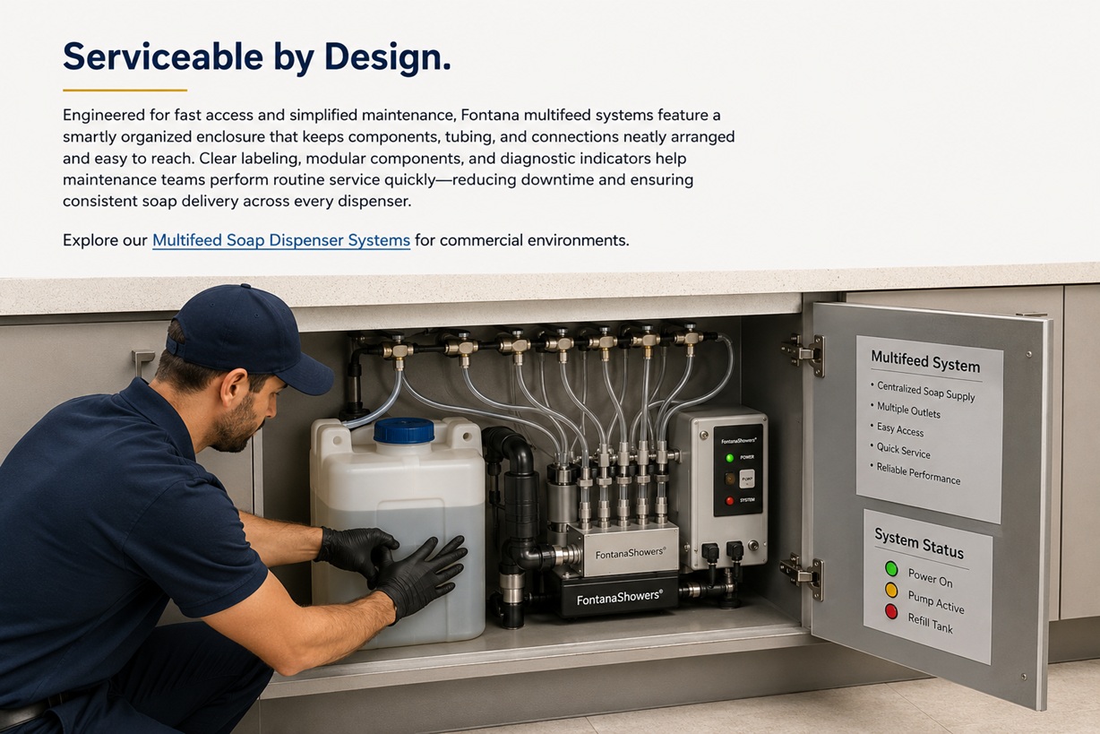 Technician servicing an accessible Fontana Multifeed cabinet containing the central soap reservoir, pump, tubing manifold, control module, and service connections